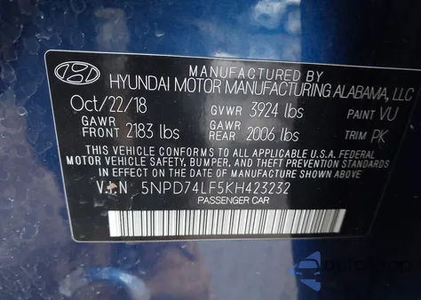 2019 Hyundai Elantra Se from USA, damaged, VIN 5NPD74LF5KH423232